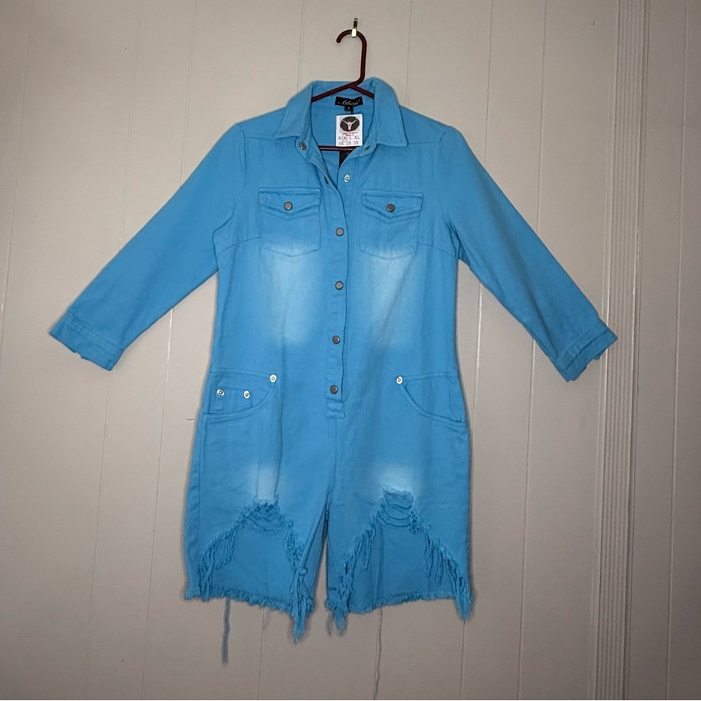 Athina Light Blue Denim Long jumper with Frayed Hem